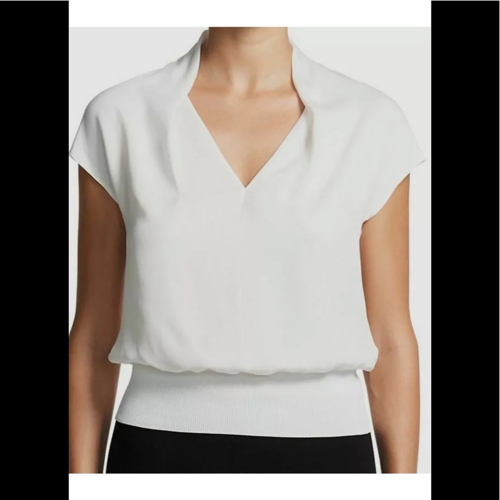 Theory white check mock neck cap sleeve silk drape shirt in large - Picture 1 of 5